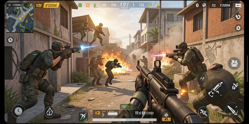 Tampilan gameplay F200M yang mendebarkan di medan perang.