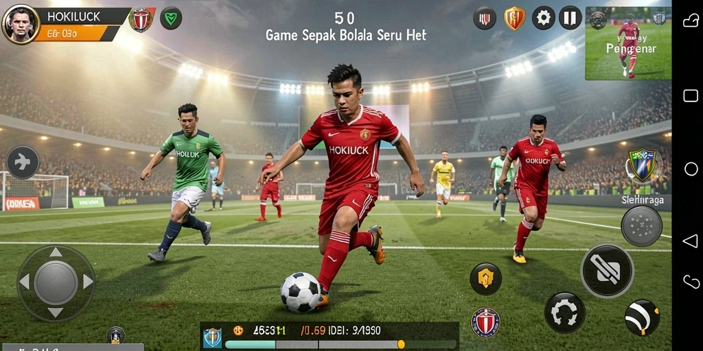 Tangkapan layar permainan HOKILUCK menunjukkan aksi seru di lapangan sepak bola.