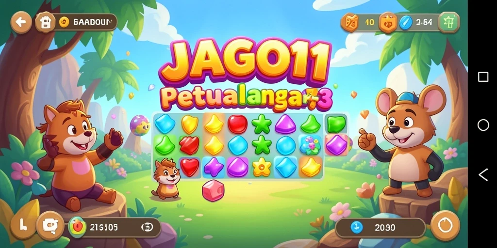 Gameplay seru JAGO11 dengan kombinasi permata berwarna.