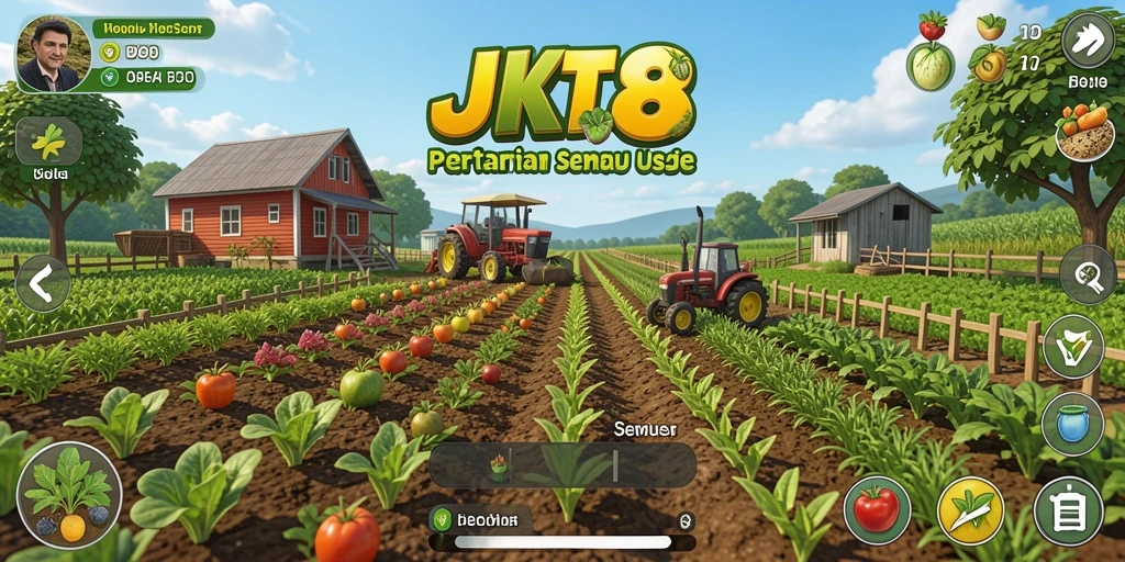 Tangkapan layar utama JKT8 menampilkan gameplay menarik saat bertani.