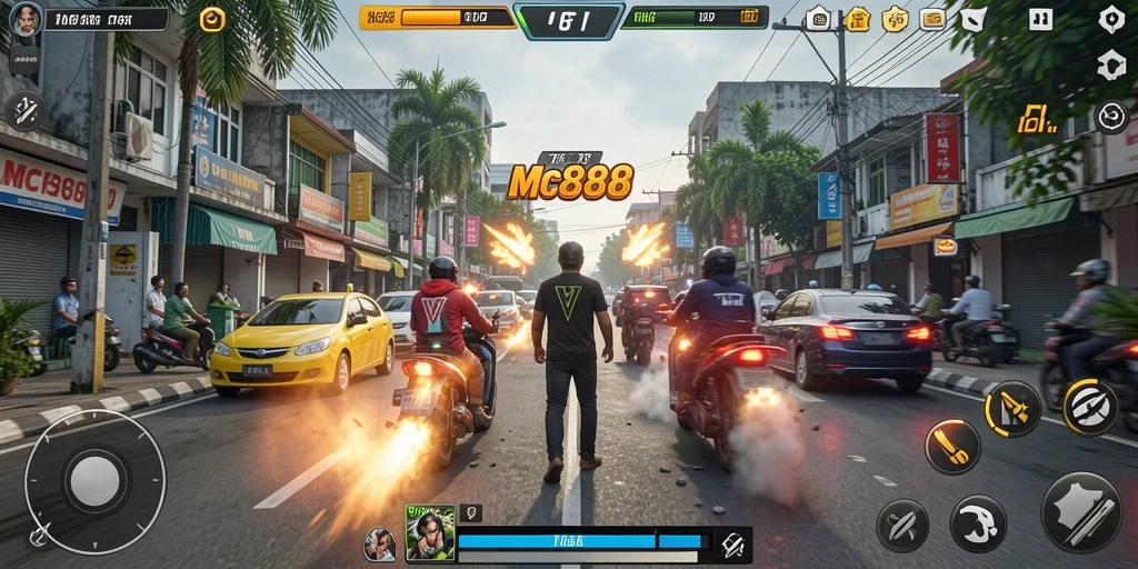 Tampilan gameplay balap motor yang menegangkan dan mendebarkan.
