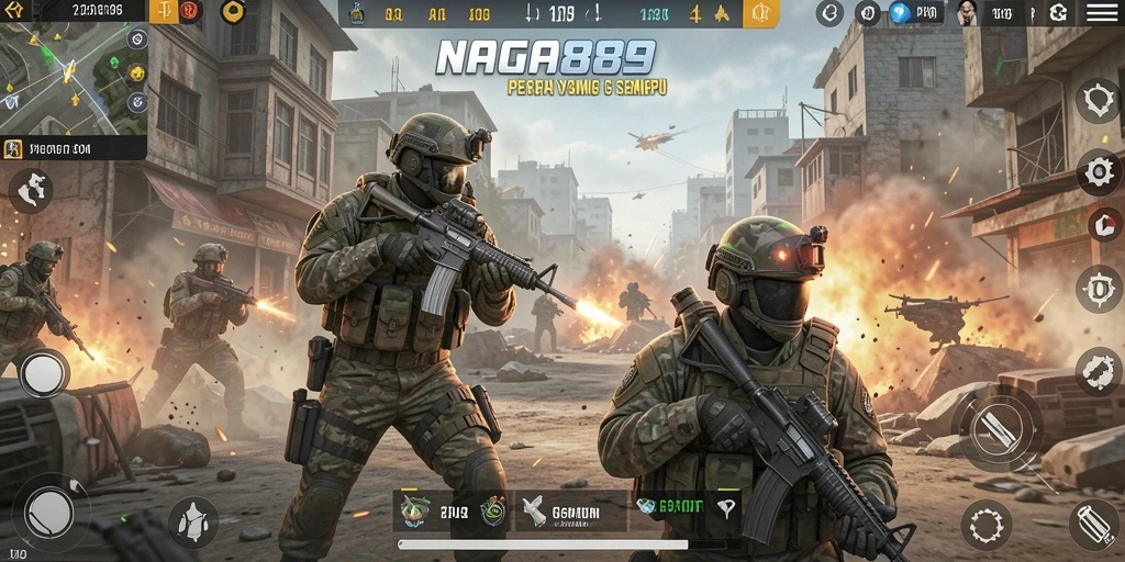 Screenshot gameplay NAGA889 dengan aksi tembak-menembak yang mendebarkan.