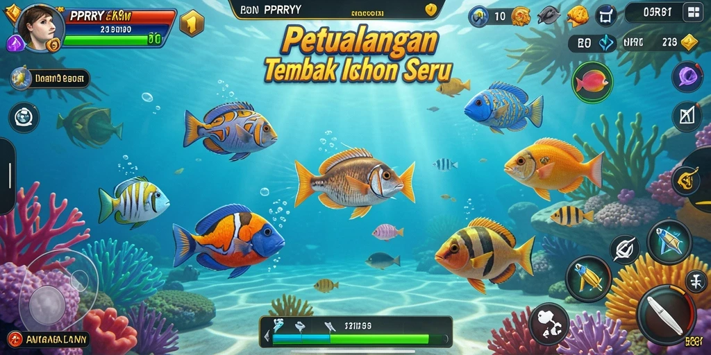 Screenshot menunjukkan gameplay intens dengan ikan berwarna-warni yang menarik.