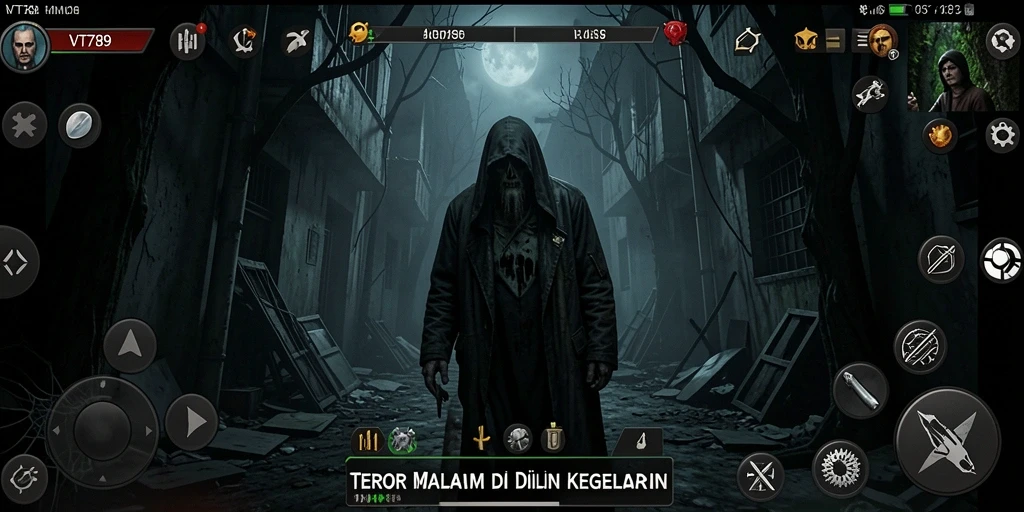 Screenshot gameplay VT789 menampilkan suasana menegangkan di lingkungan yang angker.